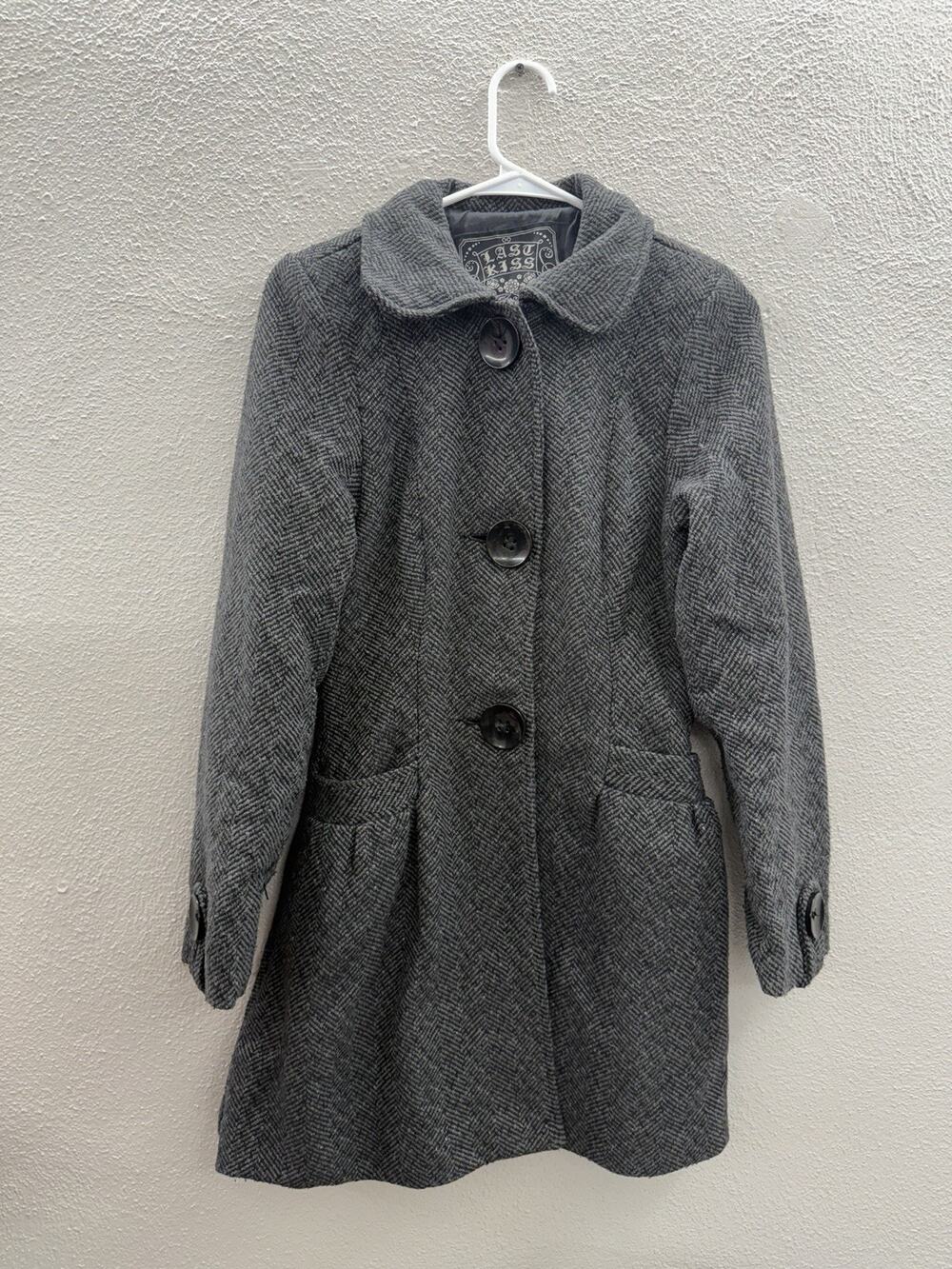 Last Kiss Womens Peacoat Size Small Herringbone Gray Button Up Lined